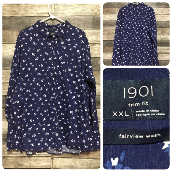 1901 Trim Fit Fairview Wash Floral Button Up Shirt XXL Navy Blue Long Sleeve - Picture 1 of 7